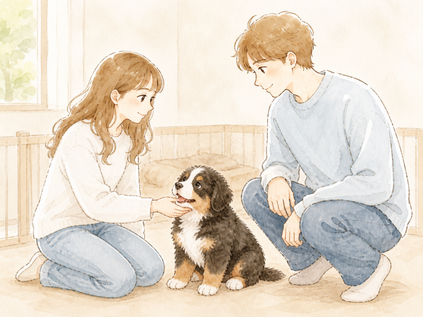 ブリーダーさんのところでバーニーズの子犬に会うふたりの水彩イラスト