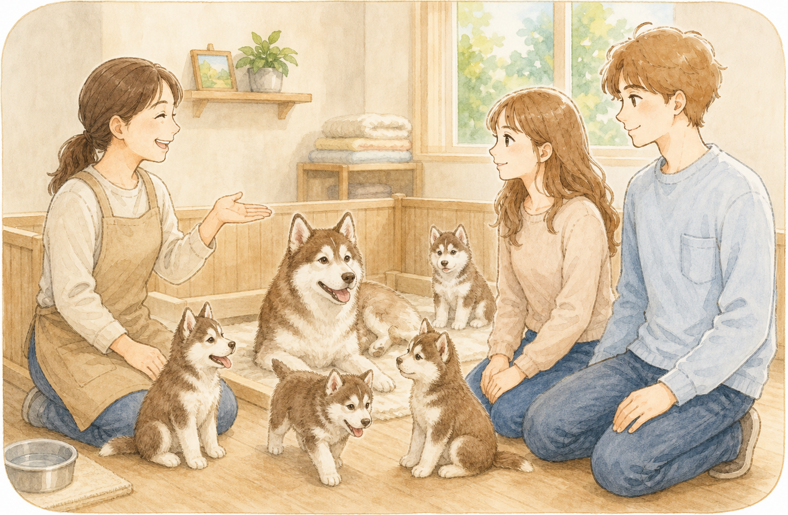 笑顔のブリーダーさんに挨拶し、母犬と子犬のハスキーたちに会う20代カップルの水彩イラスト