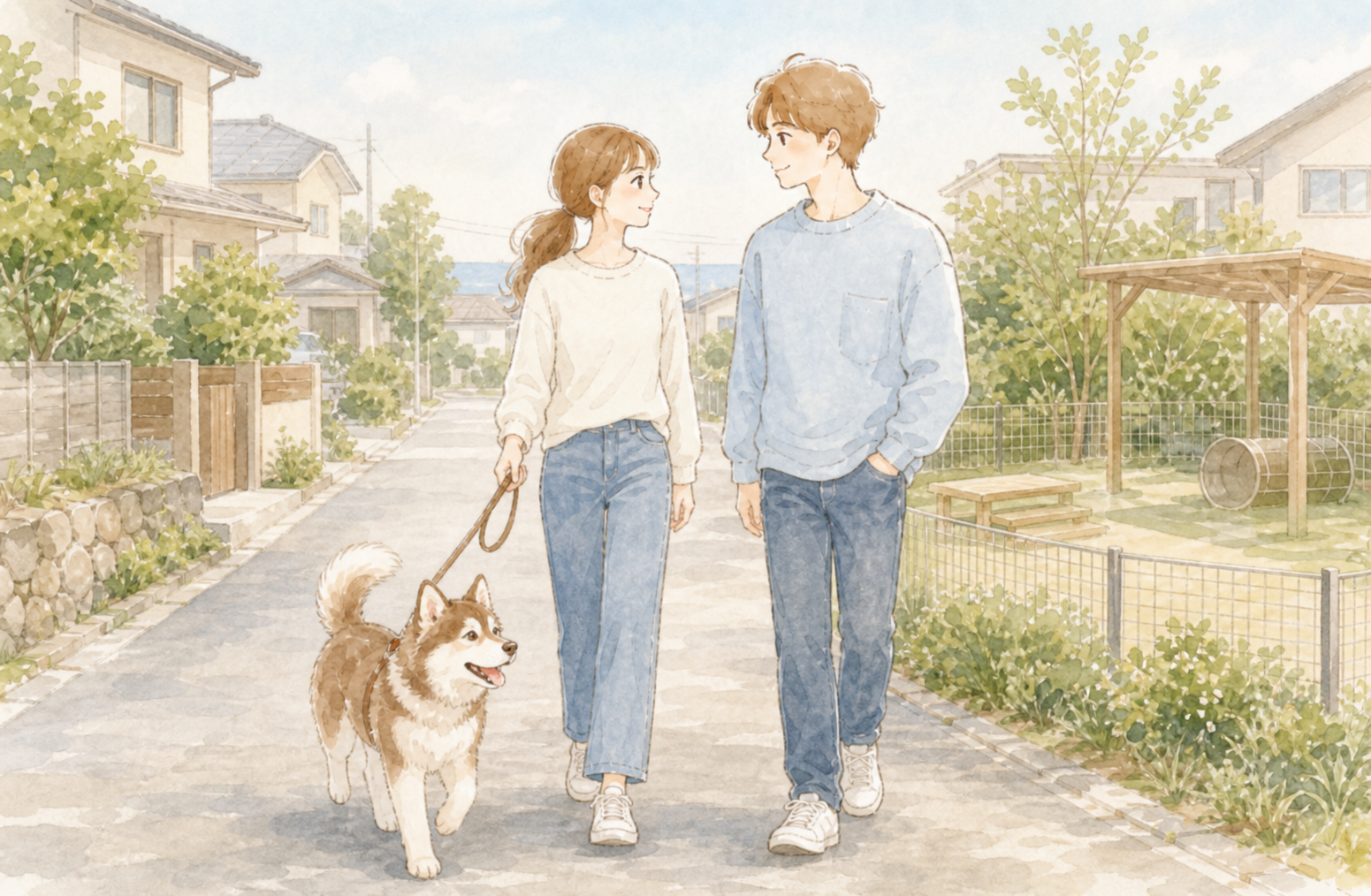 湘南の静かな住宅街をハスキーの子犬ハルと散歩する20代カップルの水彩イラスト