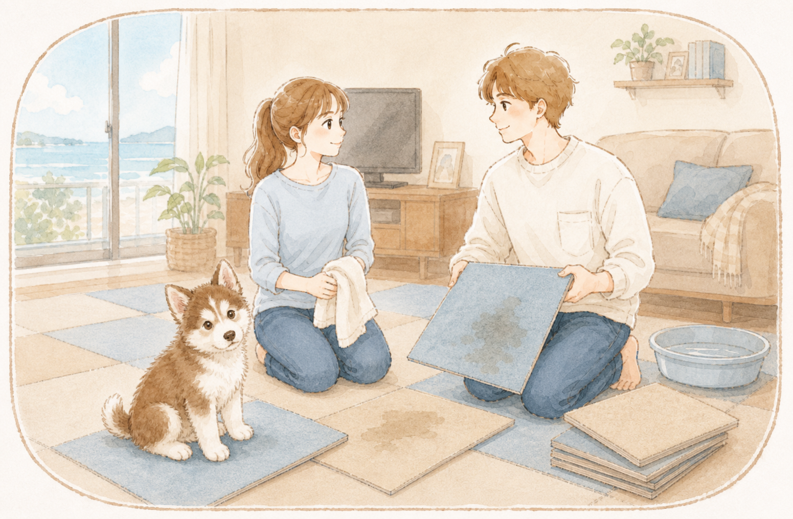 タイルカーペットの粗相に困る20代カップルと子犬のハスキーの水彩イラスト